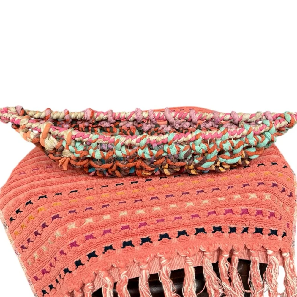 World Market Coral Cotton Towel + Boho Woven Basket Set Bath Decor Boho